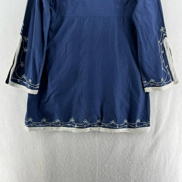 Adrienne Vittadini Dress Tunic M Blue Embroidered V Neck Flare Hem Unlined Boho - Picture 9 of 13